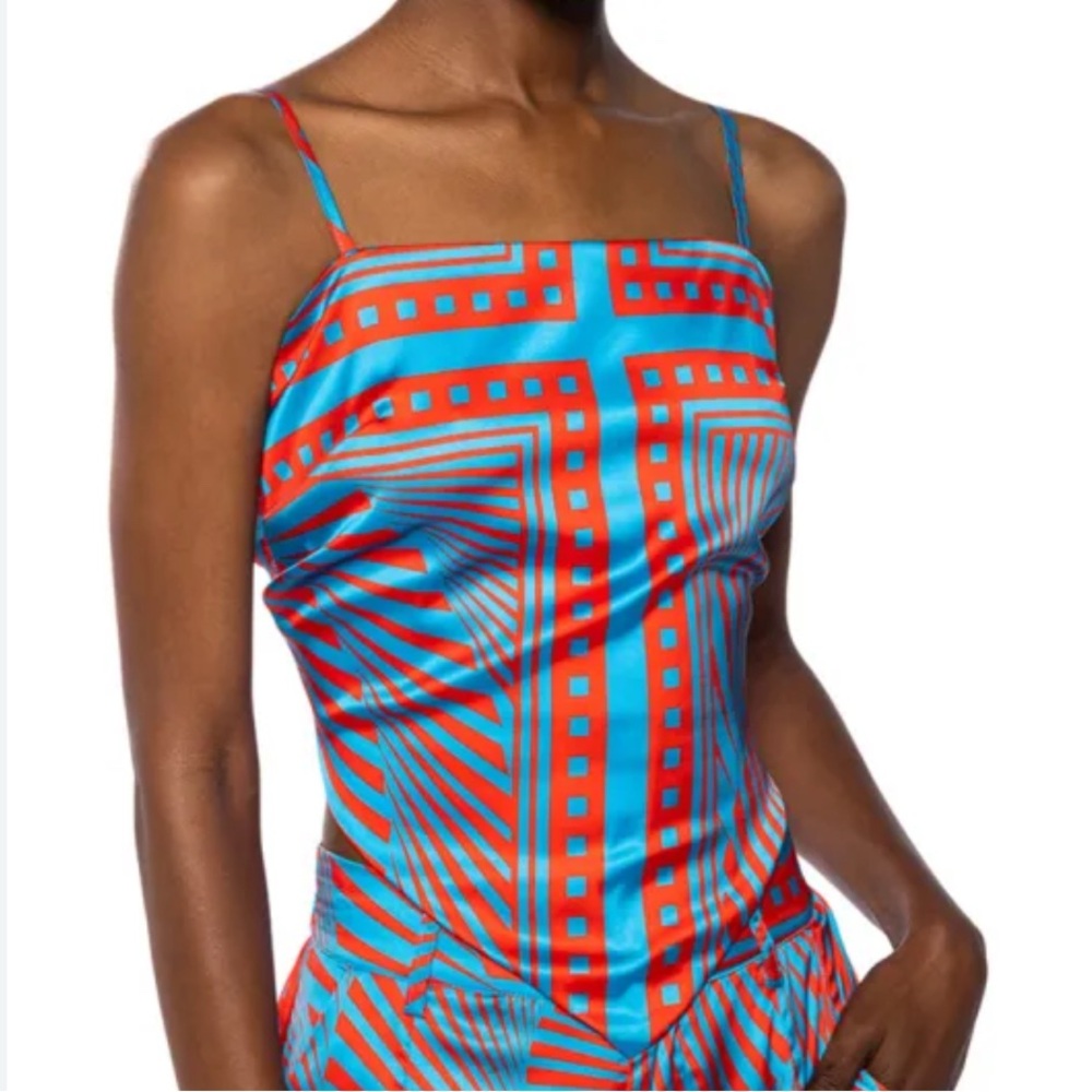 AKIRA Geometric Blue and Red Two Piece Wide Leg Silky Pants & Top Size 2X